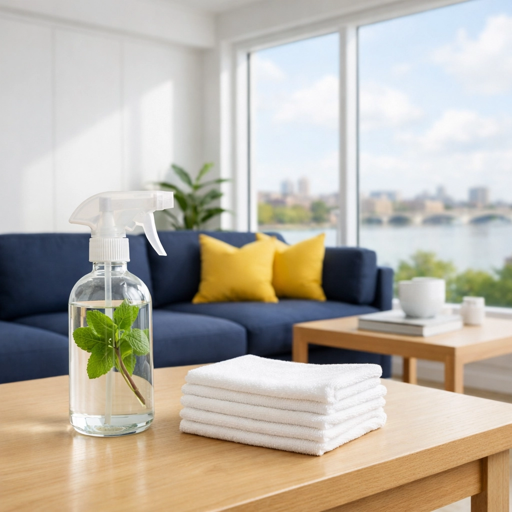Eco-friendly house cleaning in Cambridge shown in a modern apartment with natural supplies and microfiber cloths.