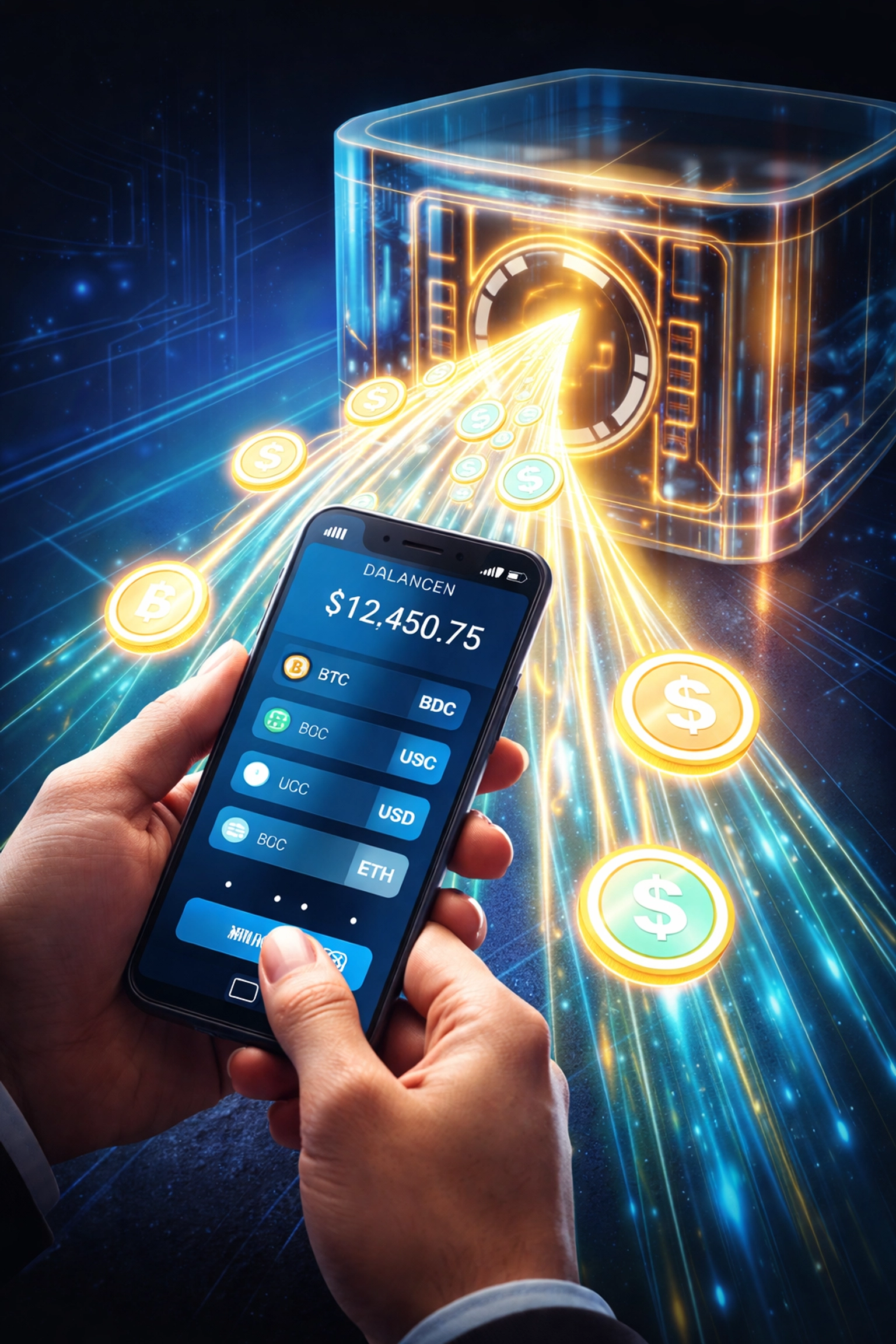Hands holding smartphone with digital wallet, stablecoins flowing into a vault, symbolizing secure Web3 payments and self-custody.