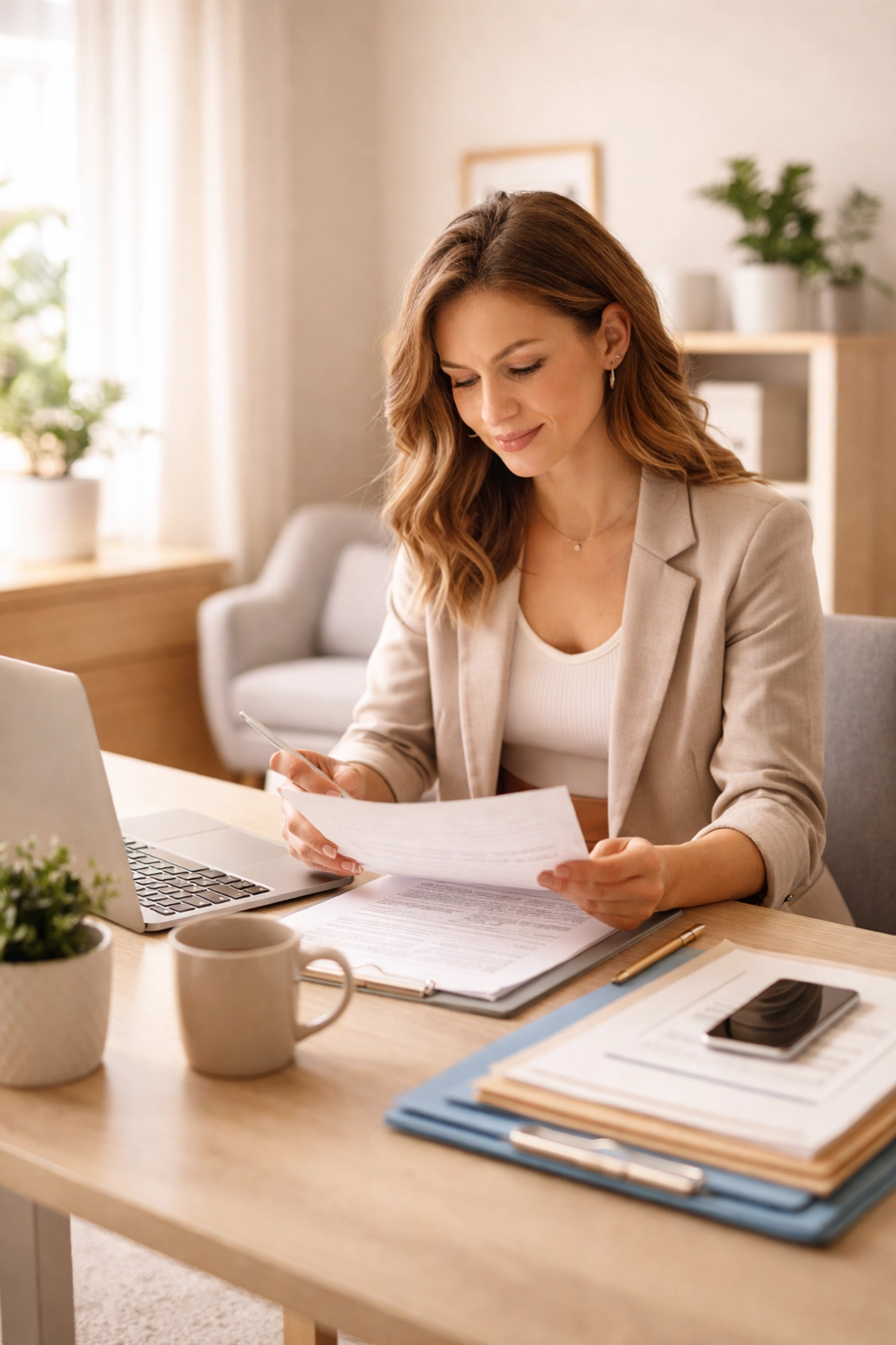 Small business owner at desk reviews documents for WISP compliance with secure, organized workspace.