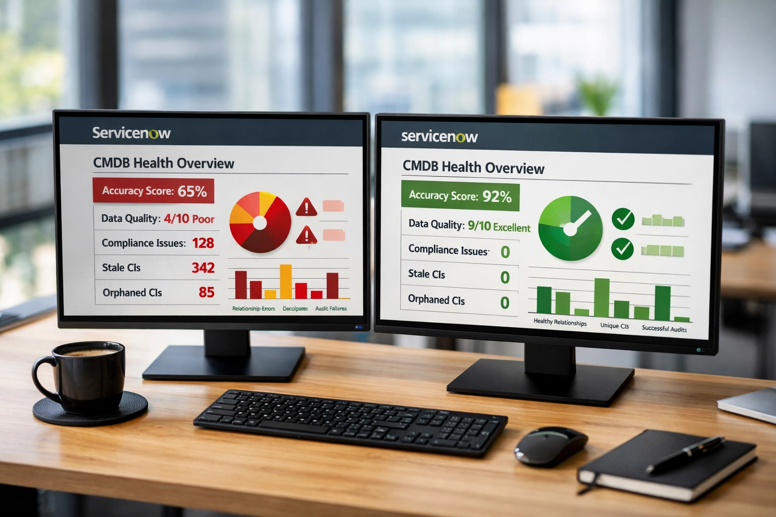 ServiceNow CMDB dashboard comparison showing 65% accuracy versus 90% optimized configuration