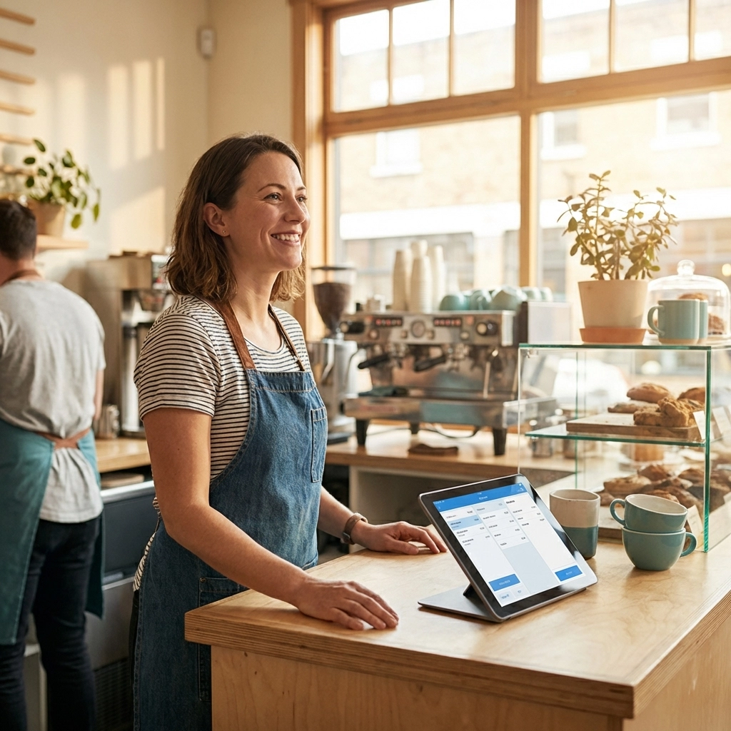 Small business owner using a modern POS terminal in a café, highlighting easy crypto payment setup