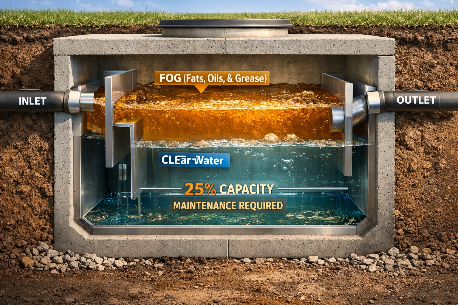 Internal view of a commercial grease trap showing FOG separation and the 25 percent capacity limit.