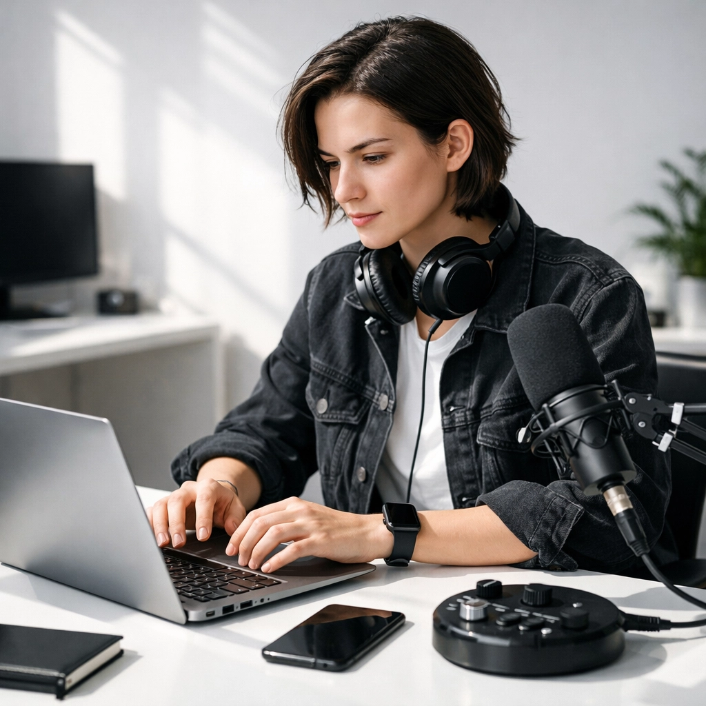 Student developing digital media literacy skills using a laptop and professional equipment.