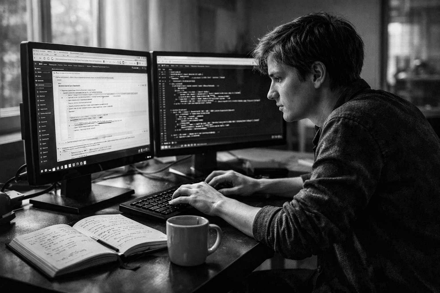 Developer working on AI prompt engineering and systematic problem-solving at dual monitors