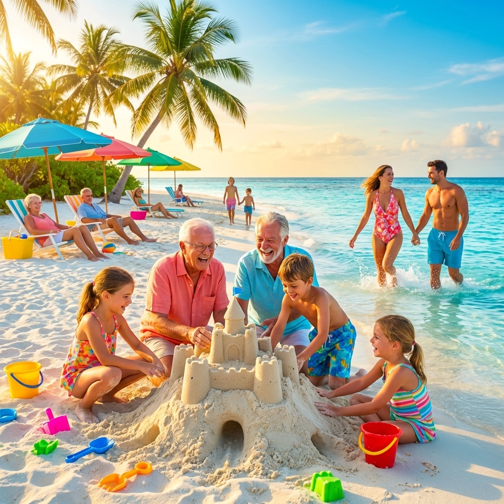 Multigenerational family enjoying a tropical beach vacation, highlighting all-inclusive and cruise family-friendly experiences.