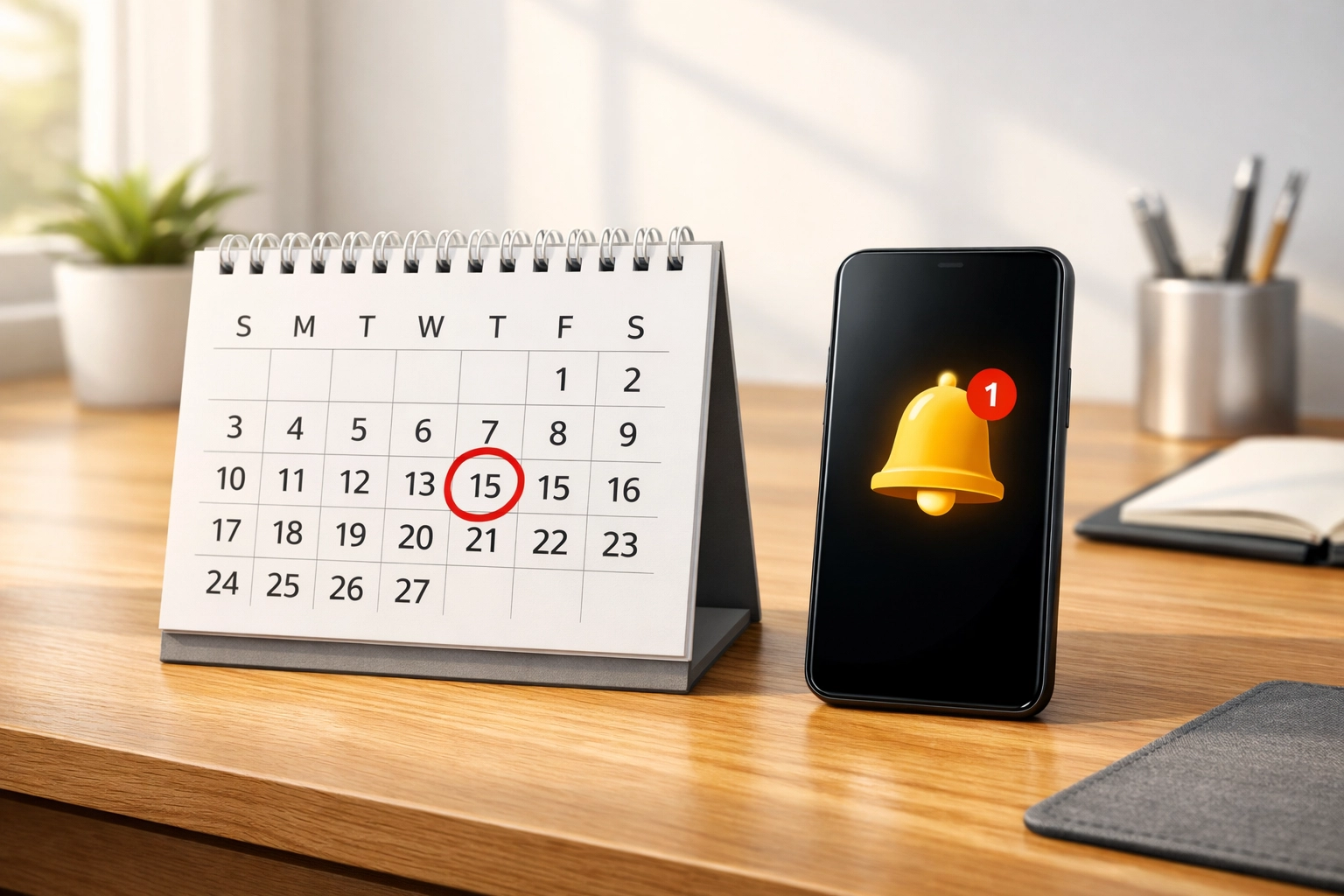 Desk calendar and phone notification highlighting quarterly tax deadlines for the self-employed.