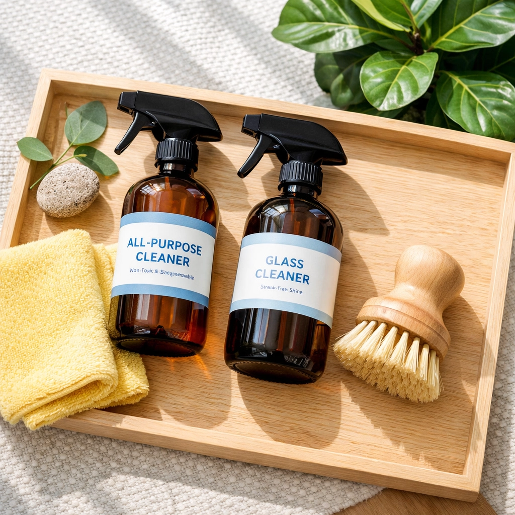 Eco-friendly house cleaning supplies and tools used for safe residential cleaning in Sherborn homes.