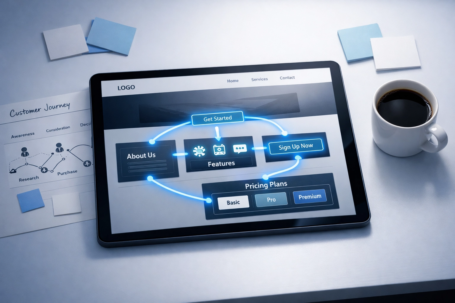 Website conversion strategy planning with clear user pathways and optimization elements