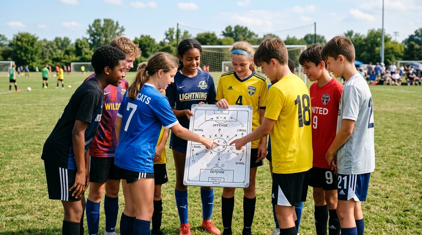 Buda FC players collaborating on game strategy and leadership development