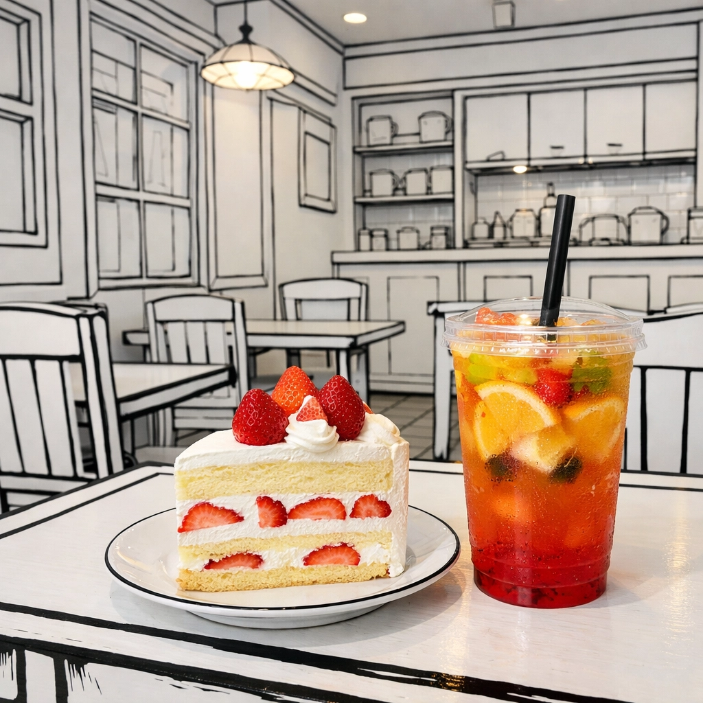 The black-and-white comic book interior of Tokyo's 2D Cafe with a colorful strawberry shortcake.