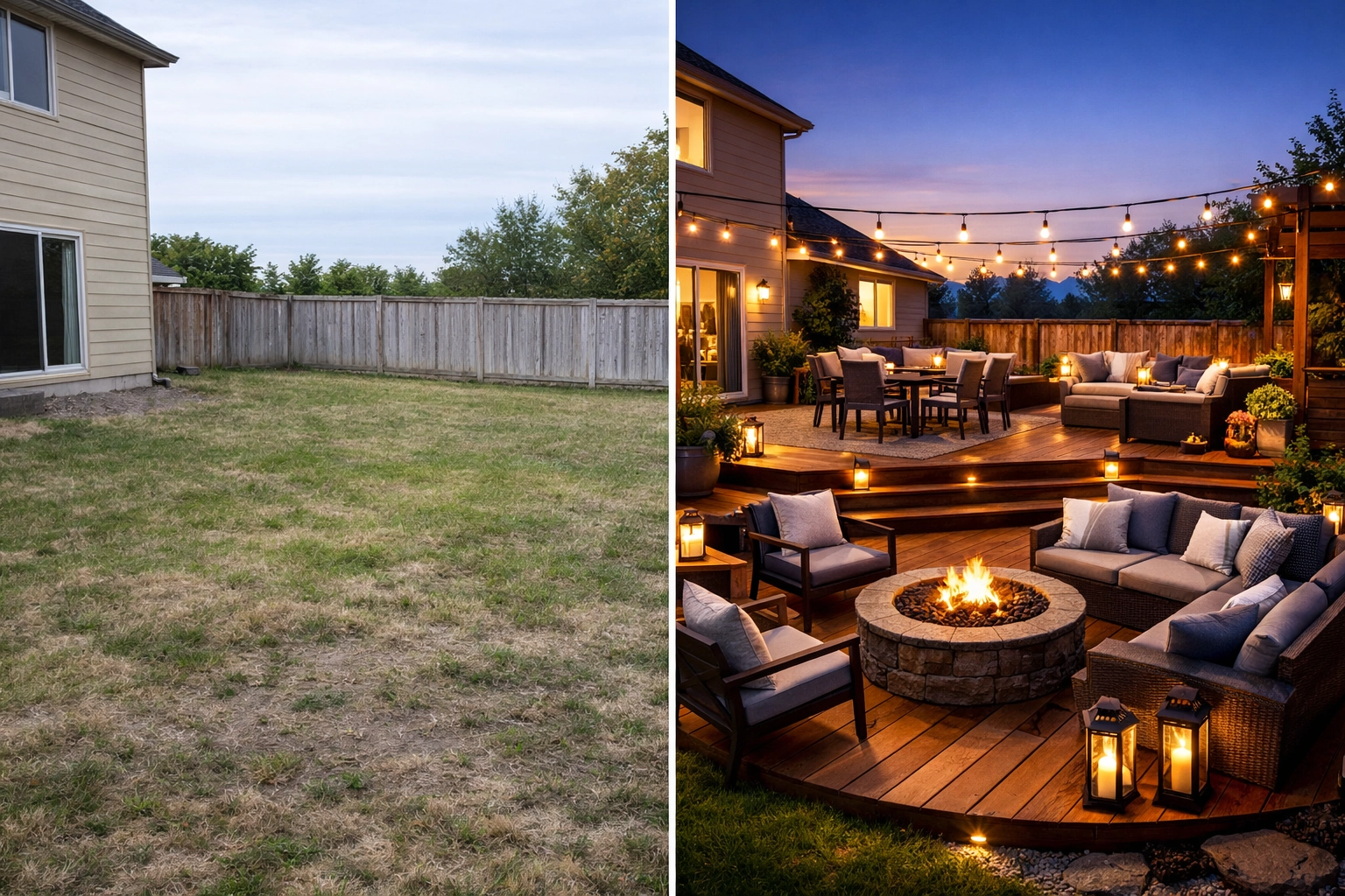 Before and after deck transformation Nashville backyard with outdoor living space