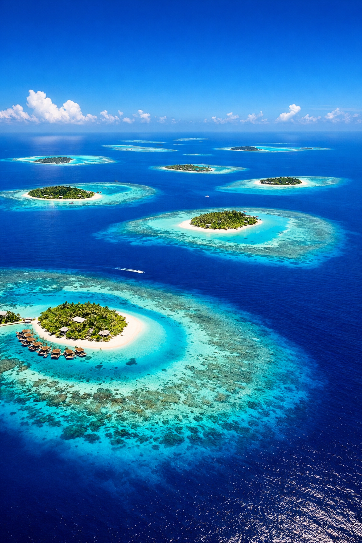 Aerial view of emerald Maldives islands in turquoise lagoons, perfect for Maldives luxury resort booking.