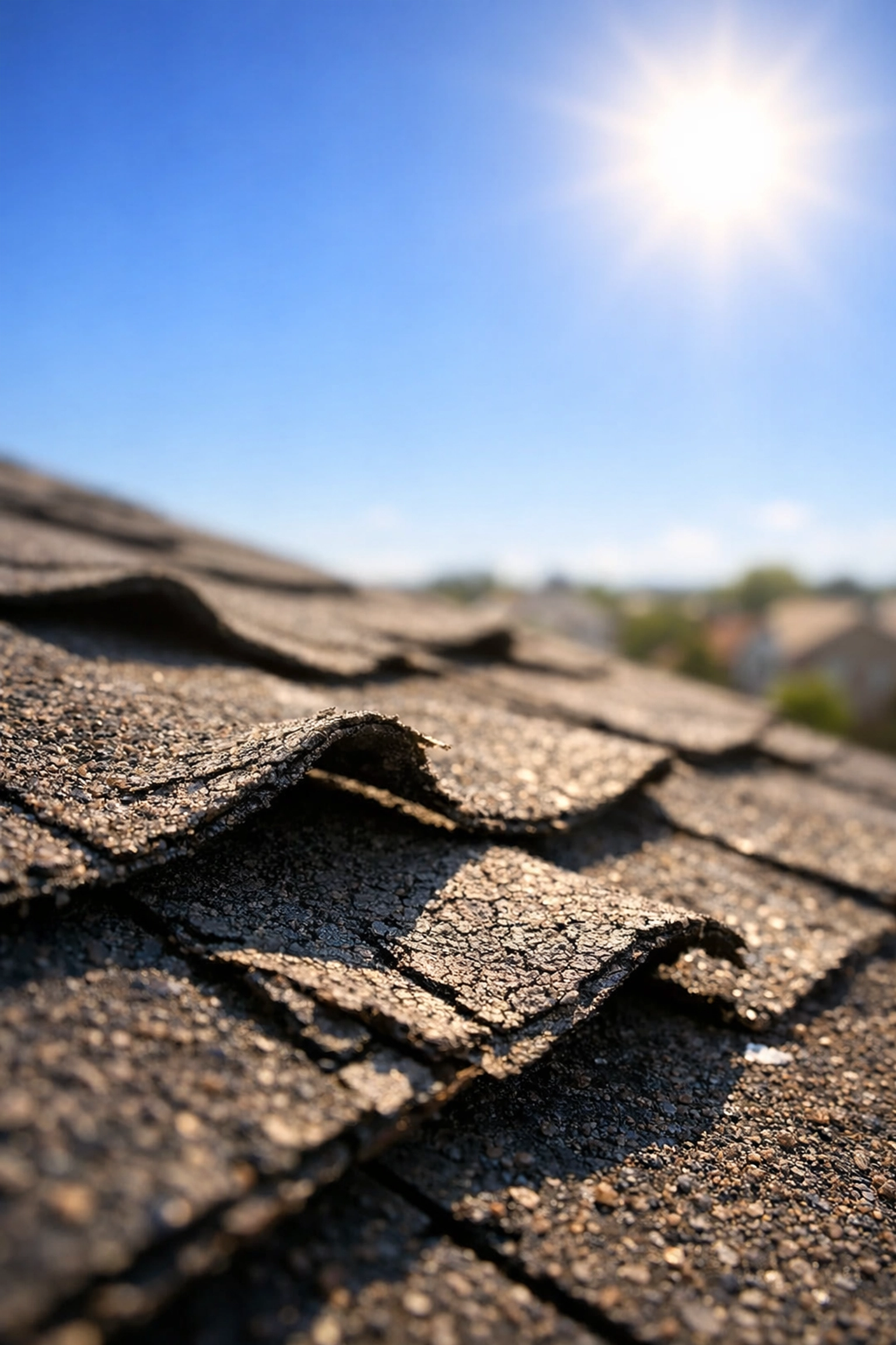 Heat-damaged asphalt shingles curling on a roof due to poor ventilation and extreme sun.