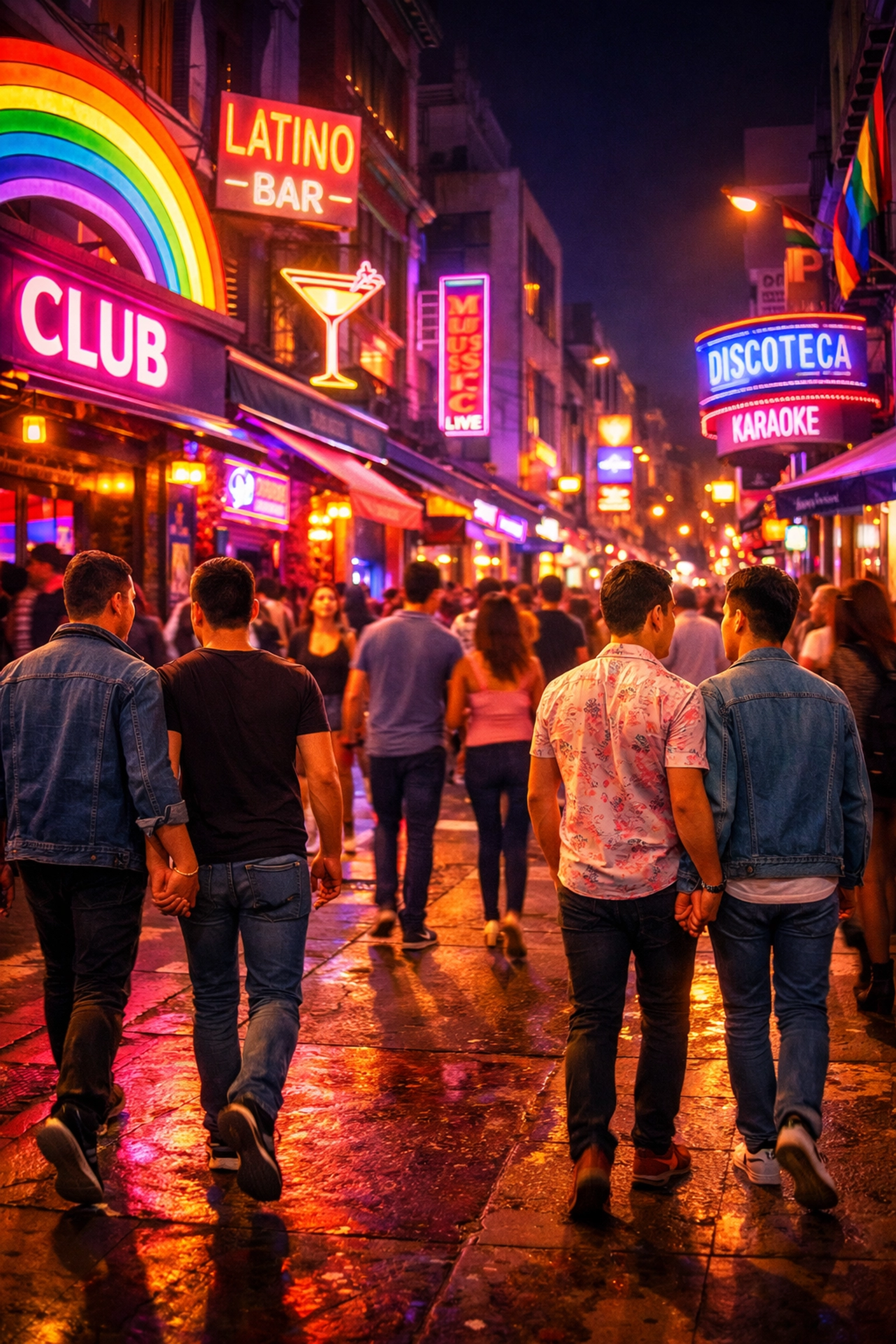 Zona Rosa nightlife with gay couples on neon-lit streets in Mexico City