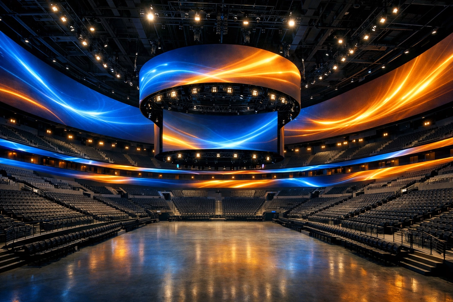 Modern venue interior featuring immersive architectural LED displays and dynamic lighting for sports and entertainment.