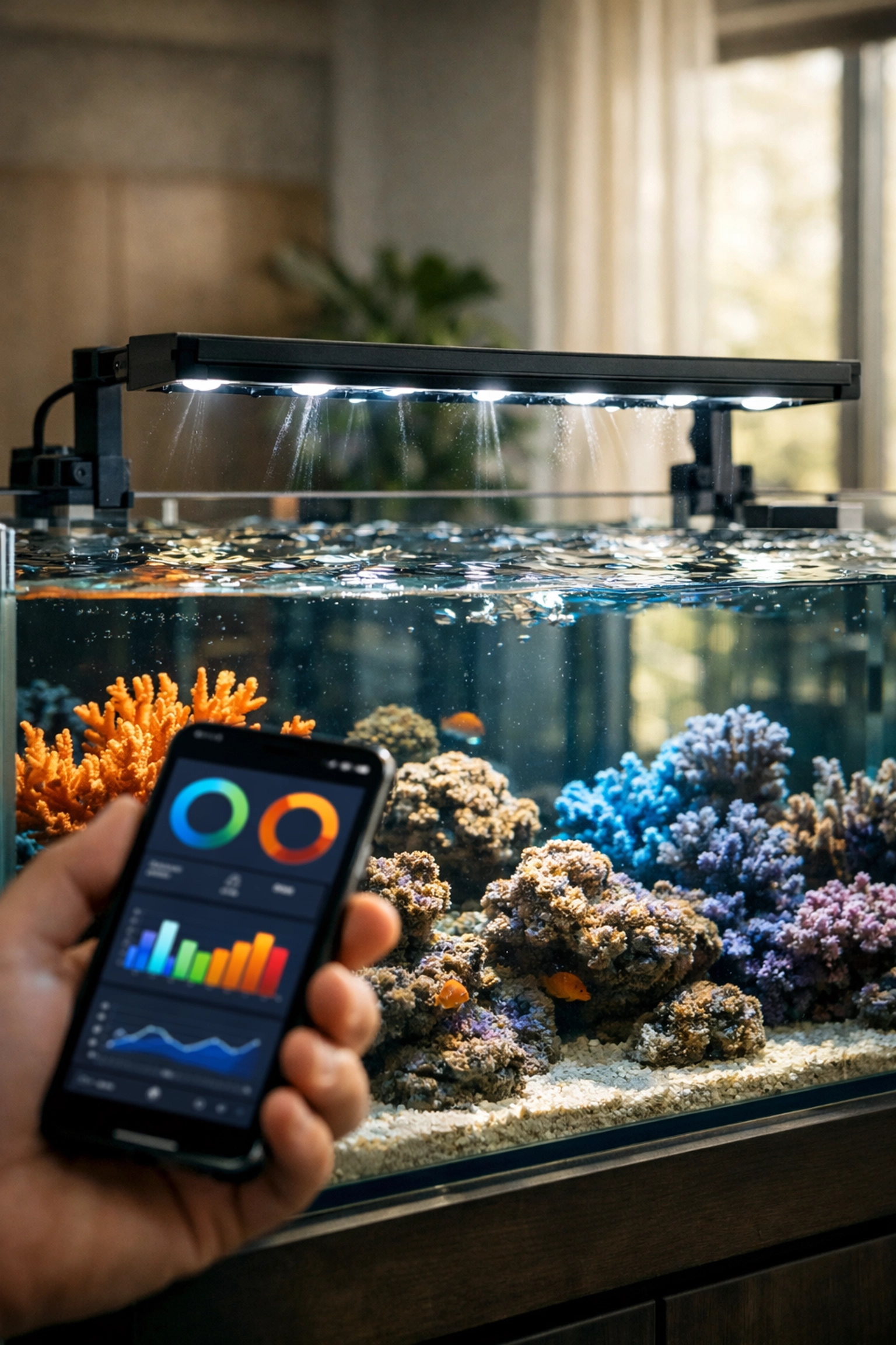 Smart aquarium monitoring system showing water quality data on a smartphone app near a coral tank.