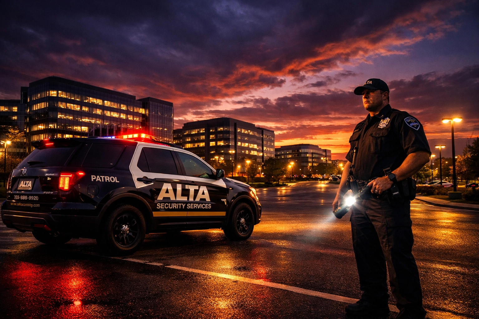 Alta Security Services patrol vehicle and guard at Northern Virginia commercial property