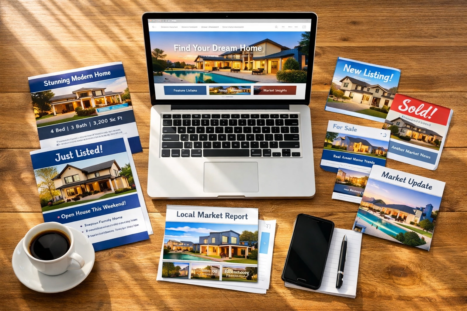 Real estate marketing kit materials including property website, flyers, and social media graphics on desk
