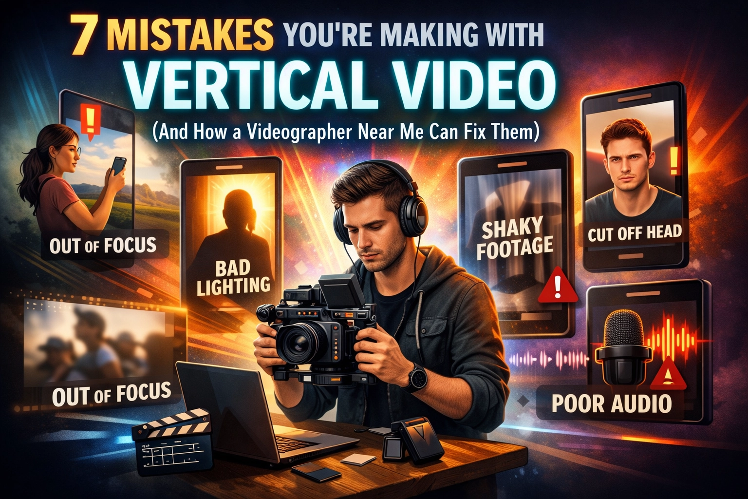 Vertical 9:16 social media video production concept showing a creator filming short-form content for TikTok, Instagram Reels, and YouTube Shorts—ideal for people searching “videographer near me for vertical video”.