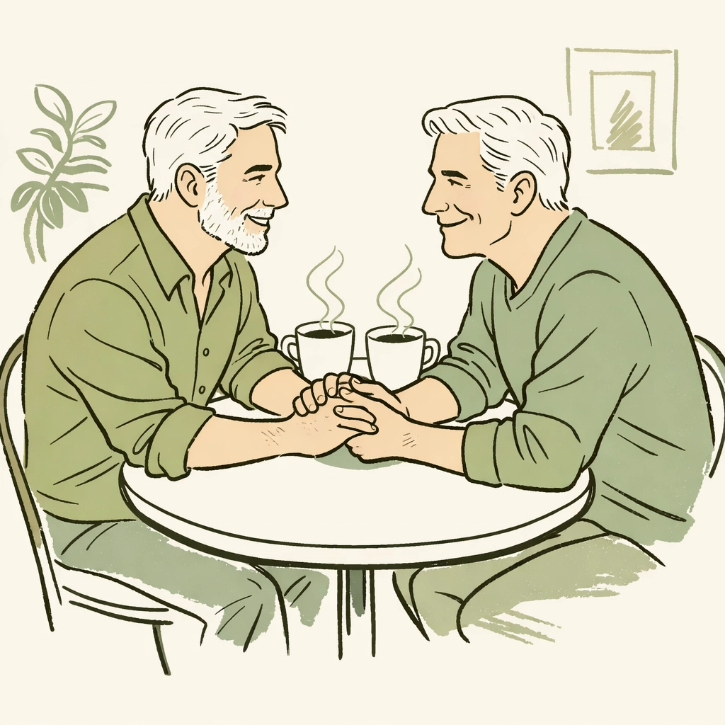 A mature MM couple holding hands on a romantic date, reflecting popular Silver Fox gay romance tropes.