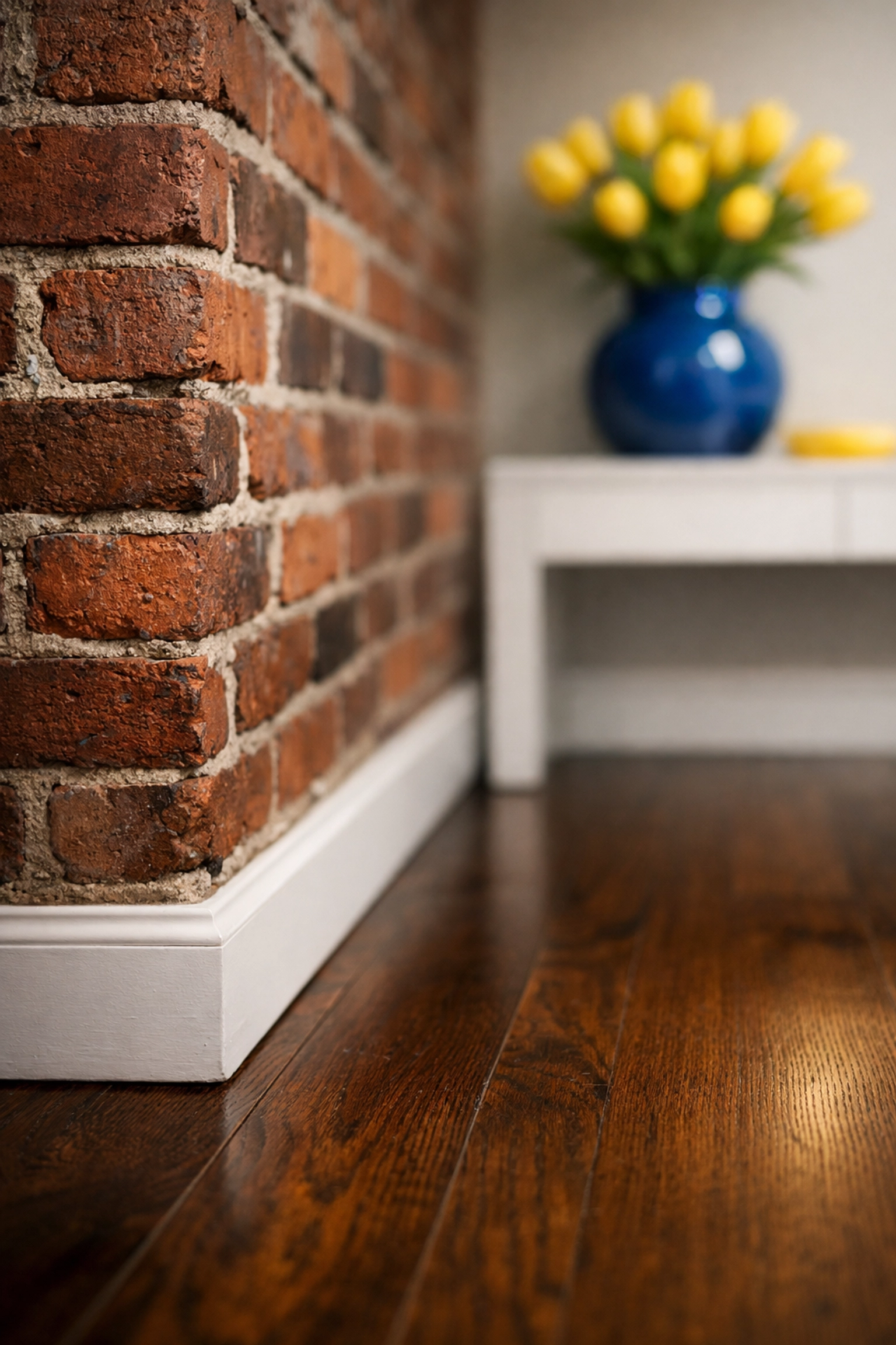Detailed view of polished hardwood floors and historic brickwork in a Lowell home maintained by house cleaning Lowell MA.