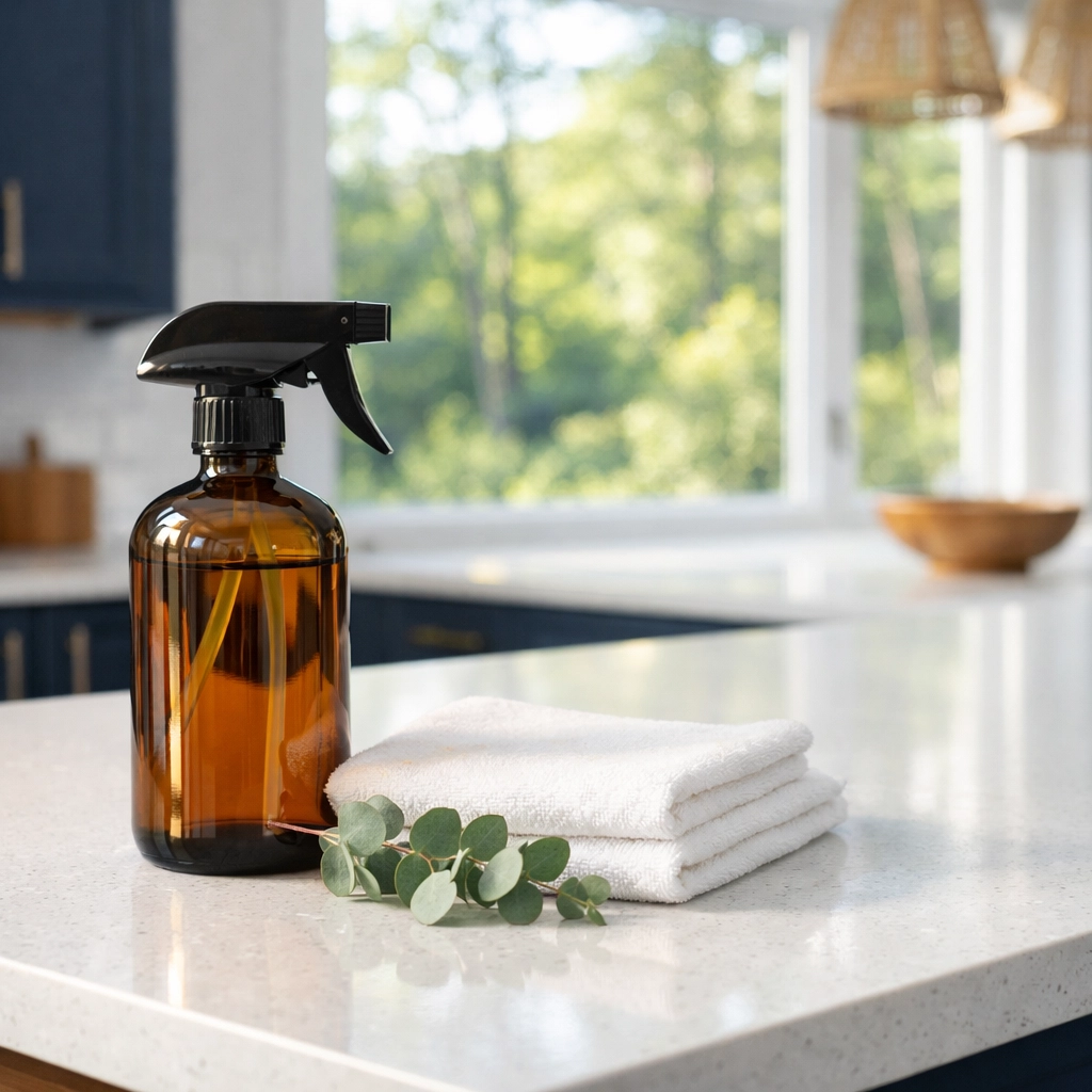 Eco-friendly cleaning supplies and microfiber cloth on a white quartz kitchen island in Sherborn.