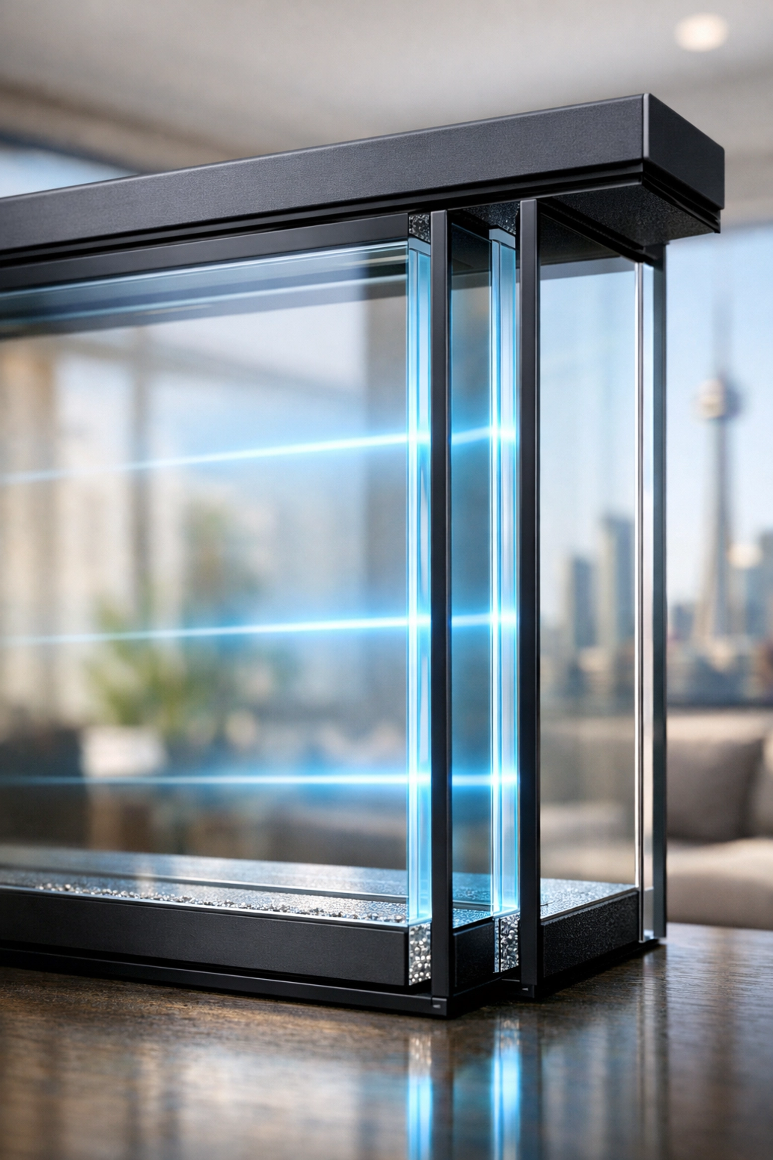 Cross-section of triple-pane insulated glass showing thermal layers for energy efficiency in Toronto homes.