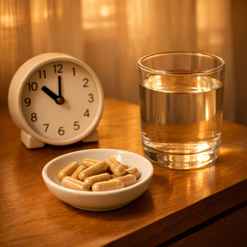 Ashwagandha capsules on bedside table with water and clock showing nighttime sleep routine