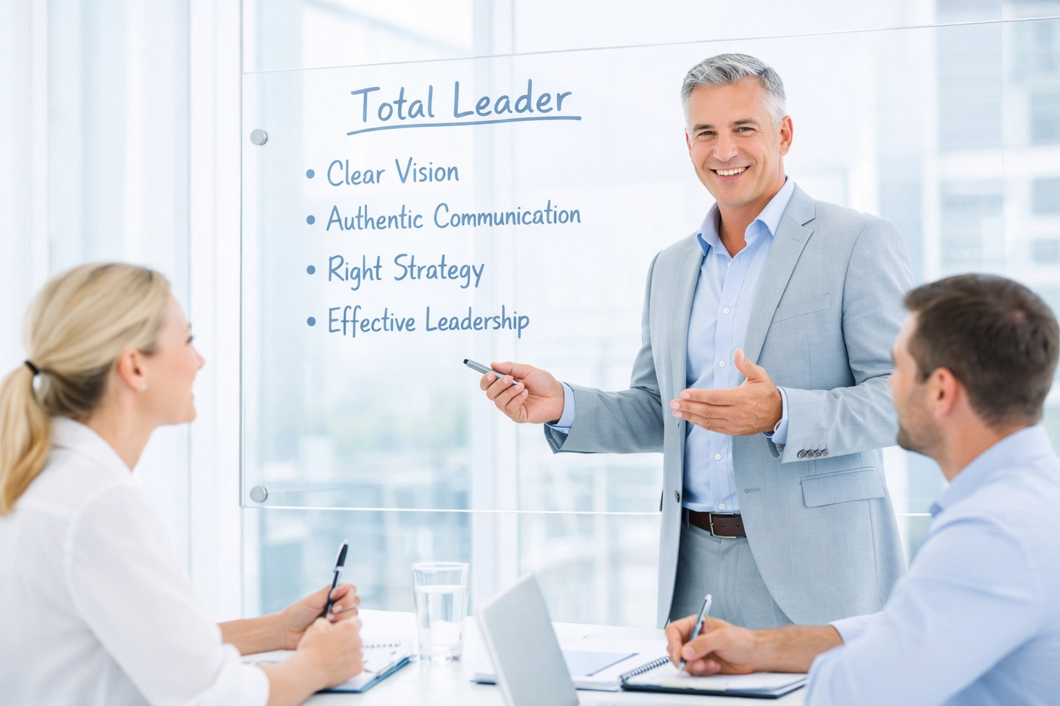 Effective leader leading a team meeting, representing productive leadership and team empowerment.