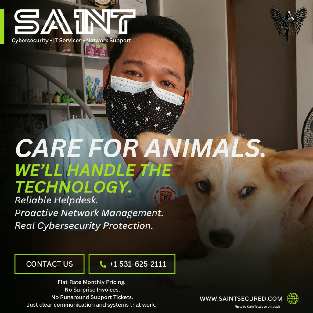 Veterinary Professional Holding Dog with SAINT Branding