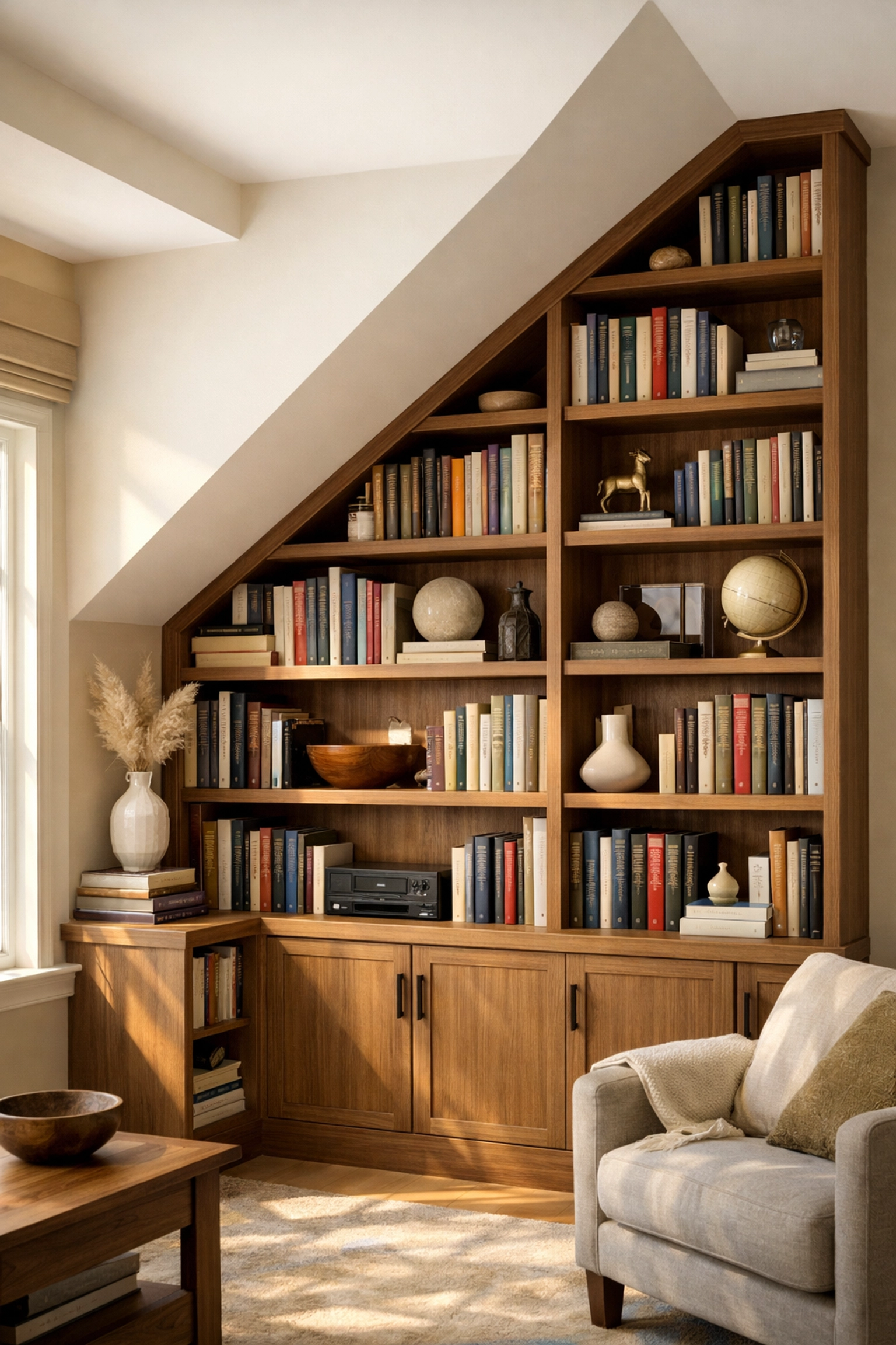 Bespoke shelving and custom storage solutions fitted into a sloped alcove by a carpenter in Fleet.