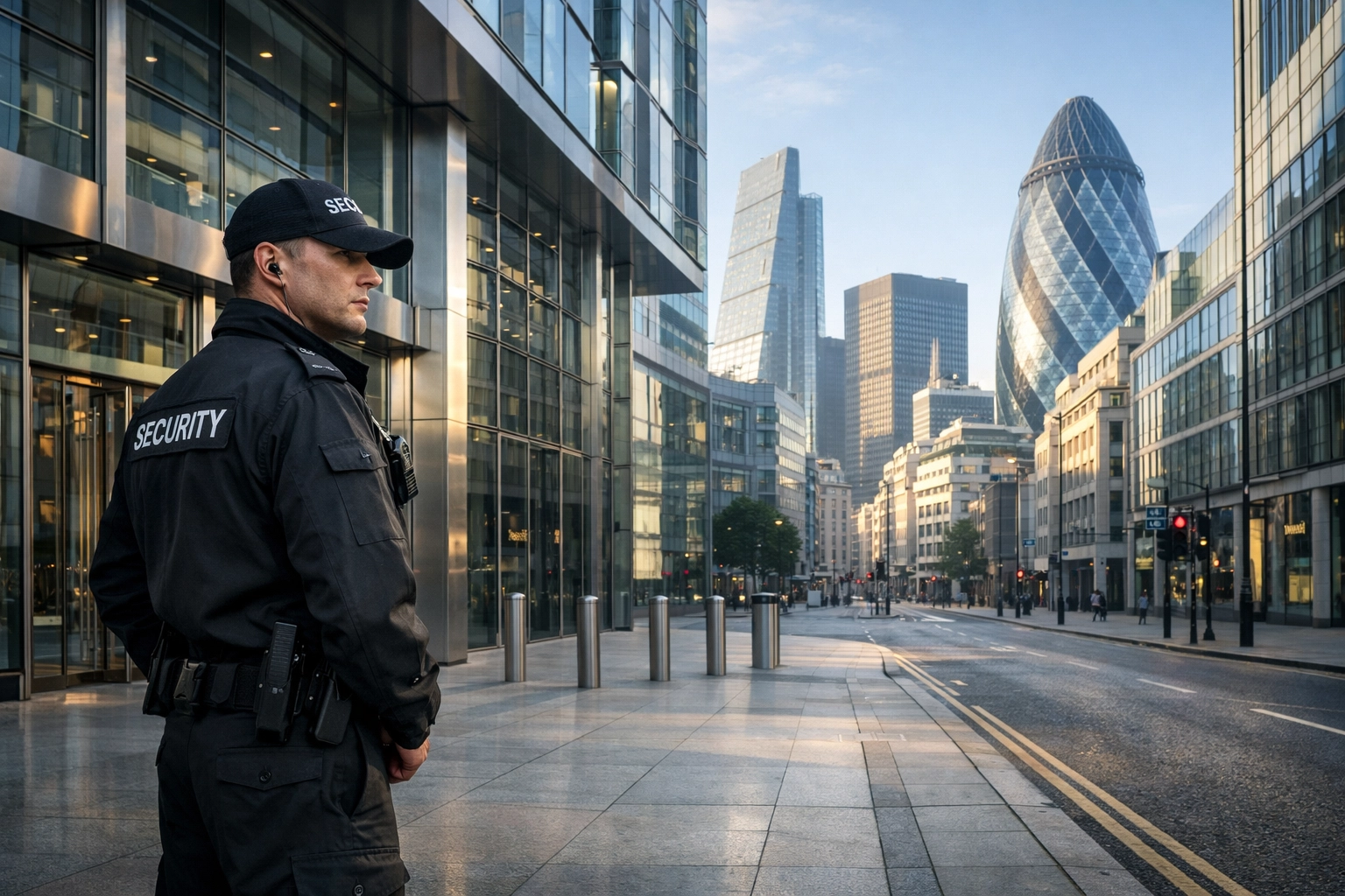 Professional security guard in London standing vigilantly outside a financial district skyscraper.