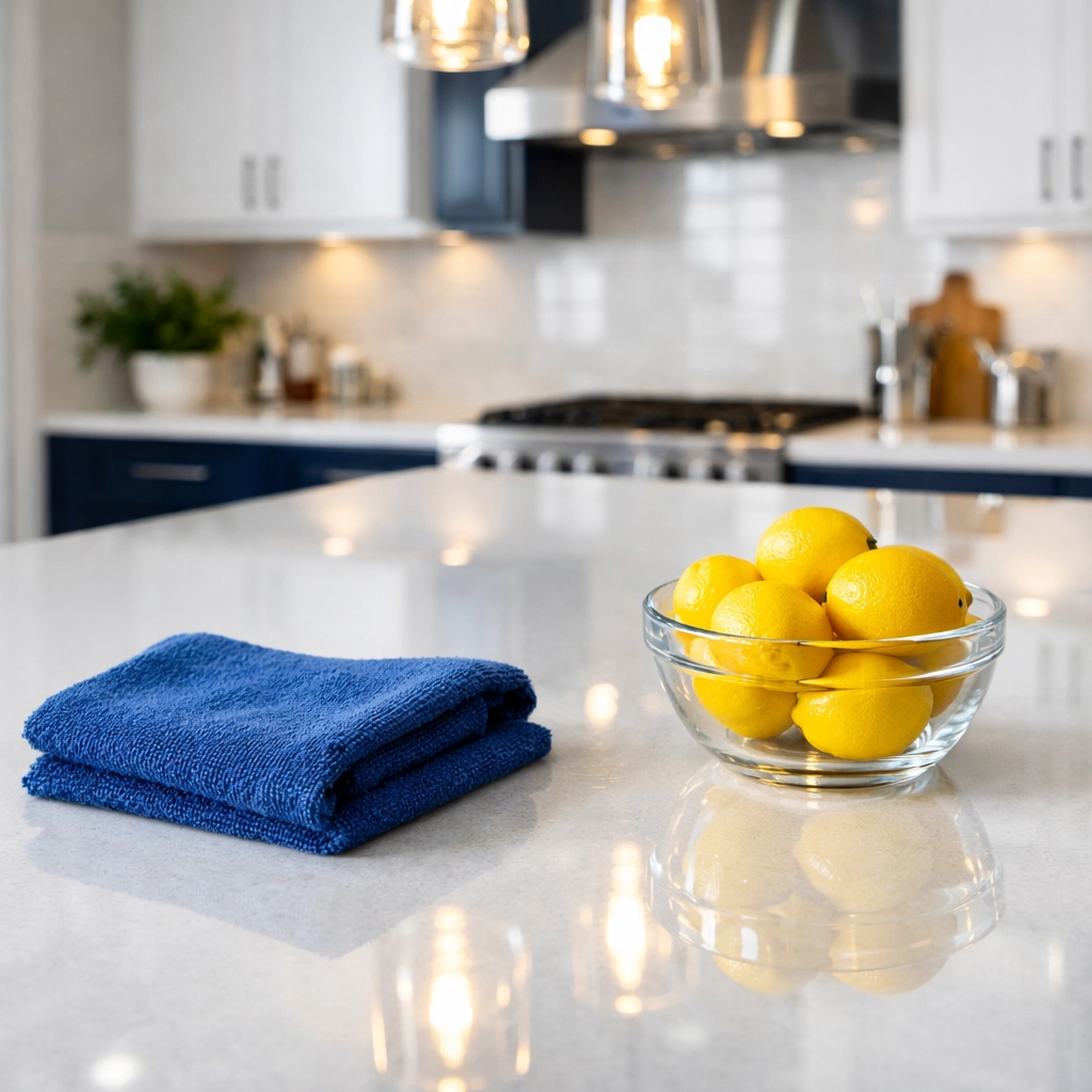 Shiny white quartz kitchen countertop after an eco-friendly post-construction final buff polish.