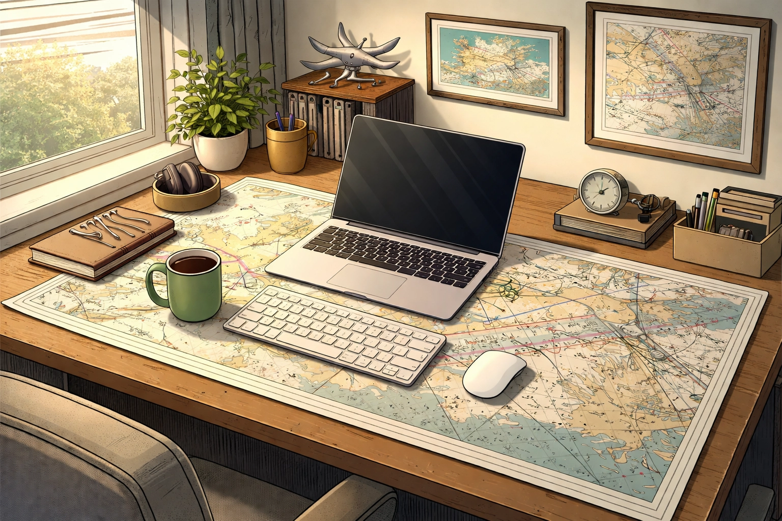 Modern pilot home office featuring a personalized aviation sectional chart desk mat, perfect for aviation enthusiasts.