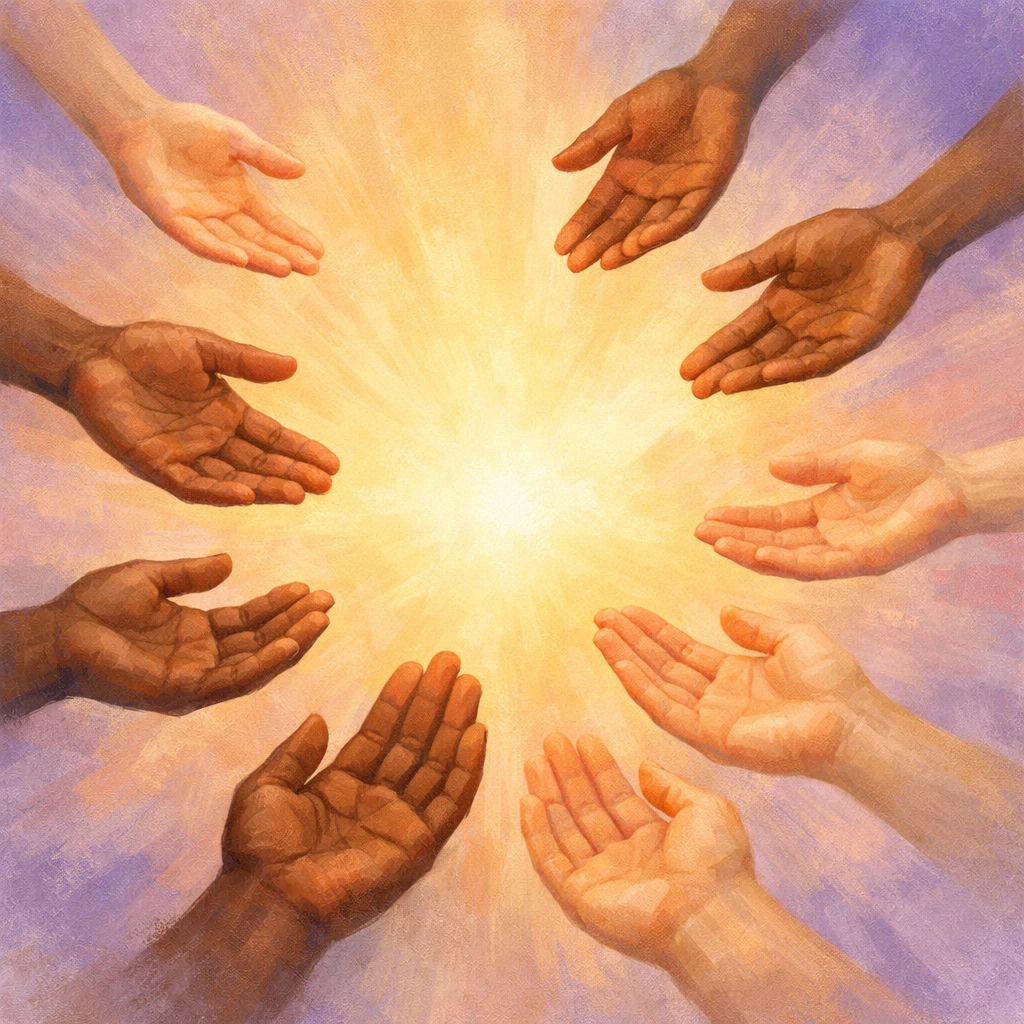 Diverse hands reaching together representing Christian community and agape love in healing culture