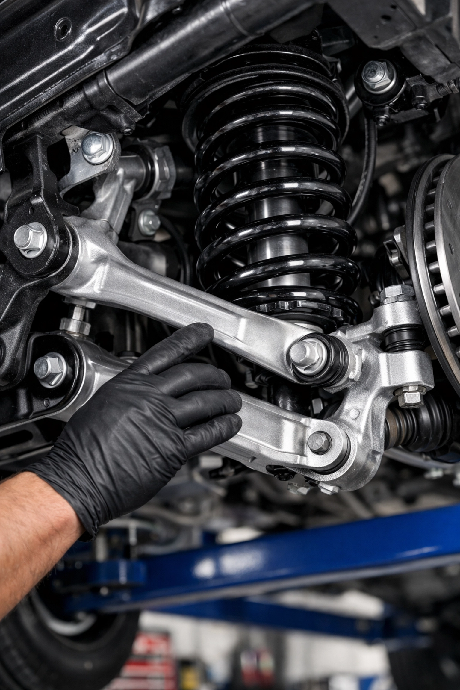 A mechanic in Lihue inspecting a vehicle's suspension components for signs of wear and alignment issues.