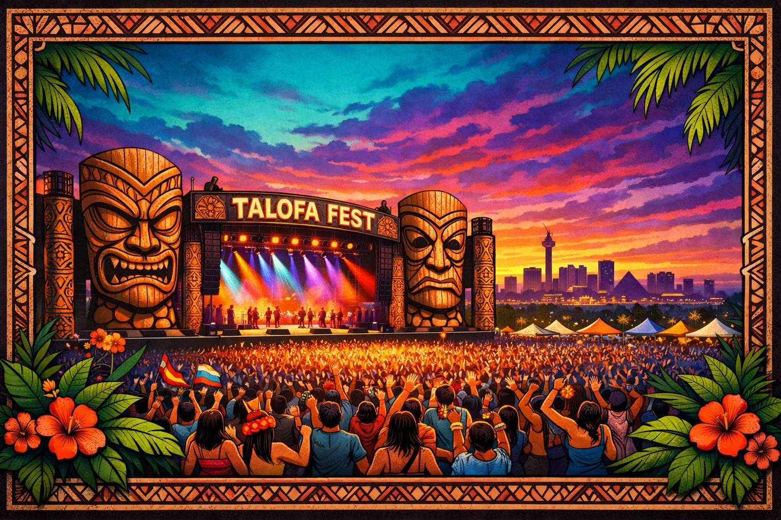 The main stage at Talofa Fest decorated with Polynesian motifs against the Las Vegas sunset skyline.