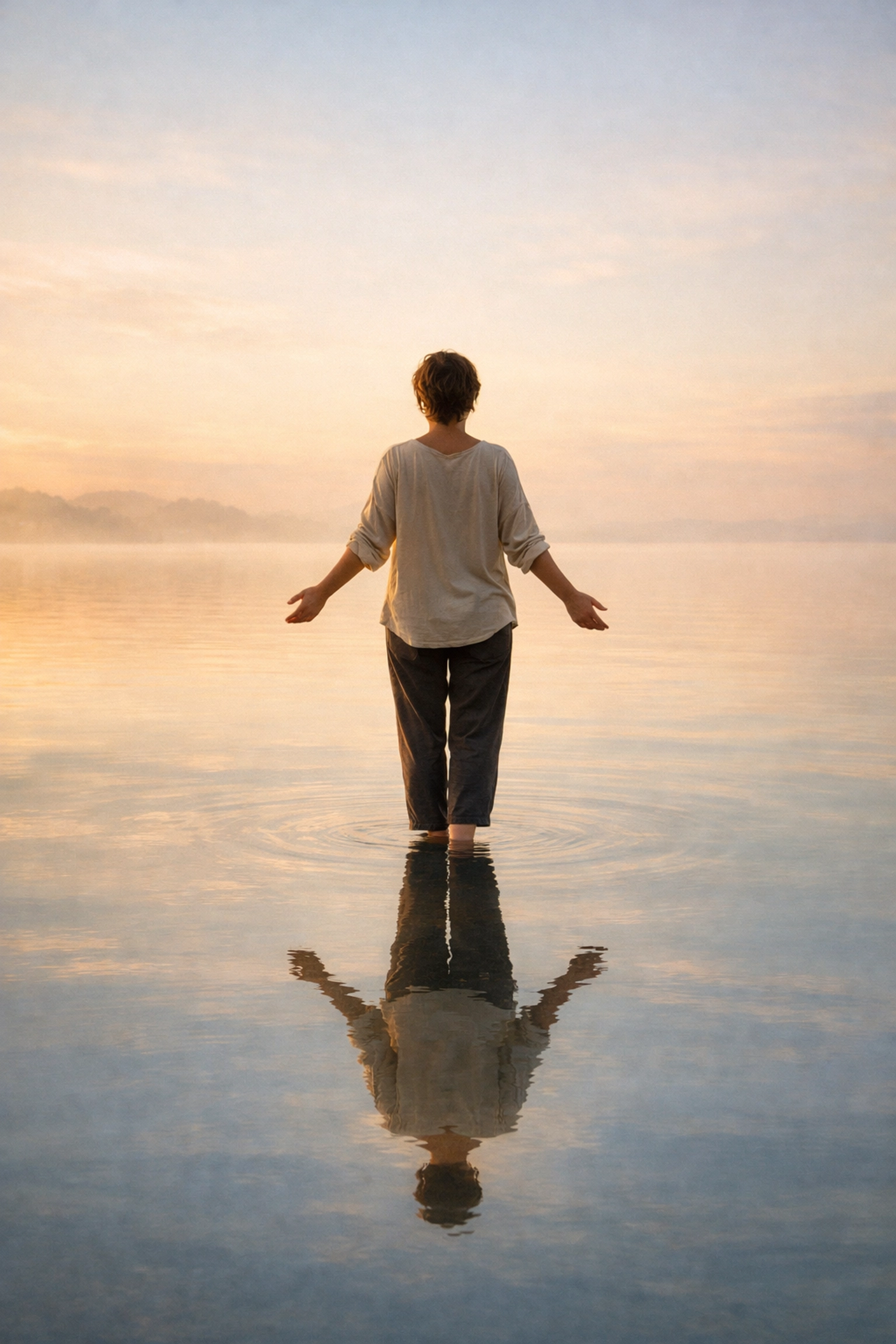 Person standing peacefully at water's edge symbolizing trauma healing and emotional freedom