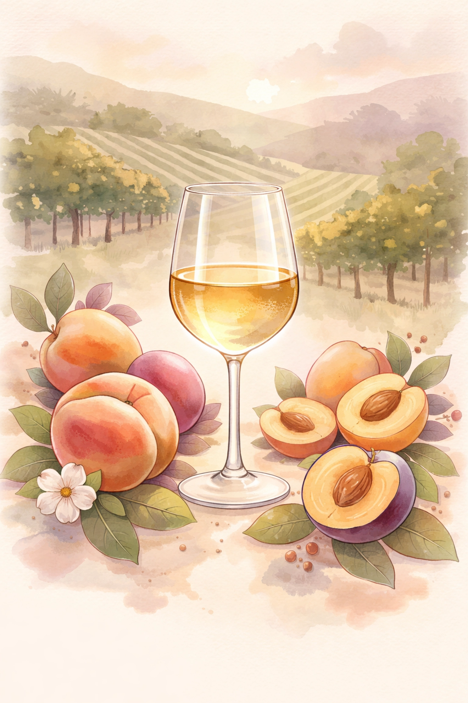 Illustration of Viognier white wine in a glass with peaches and vineyard hills, perfect for Virginia wine tours.