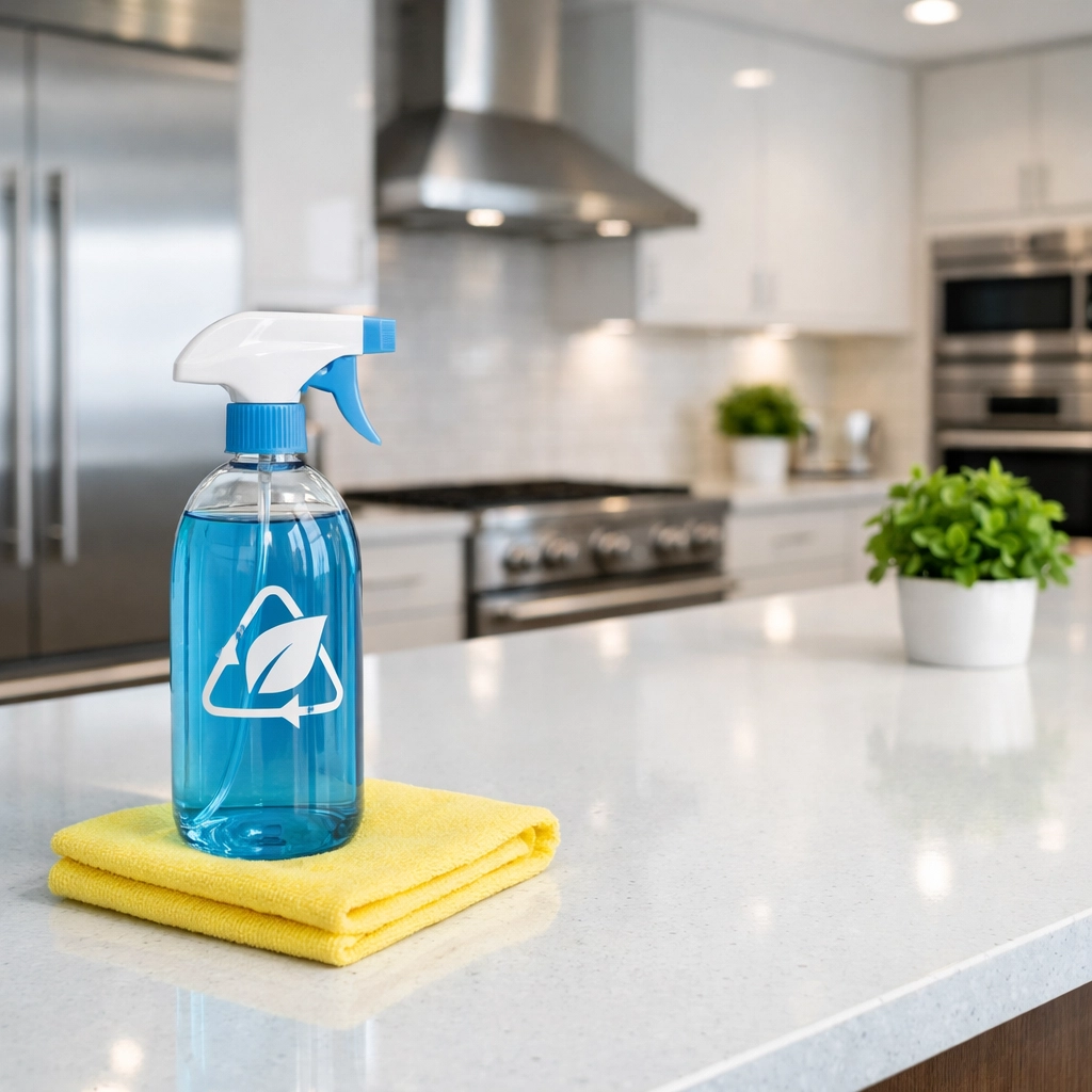 Eco-friendly products used for a streak-free apartment turnover cleaning in Boston kitchen.