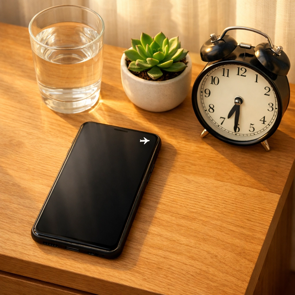 Smartphone on nightstand in airplane mode for better morning routine and sleep quality