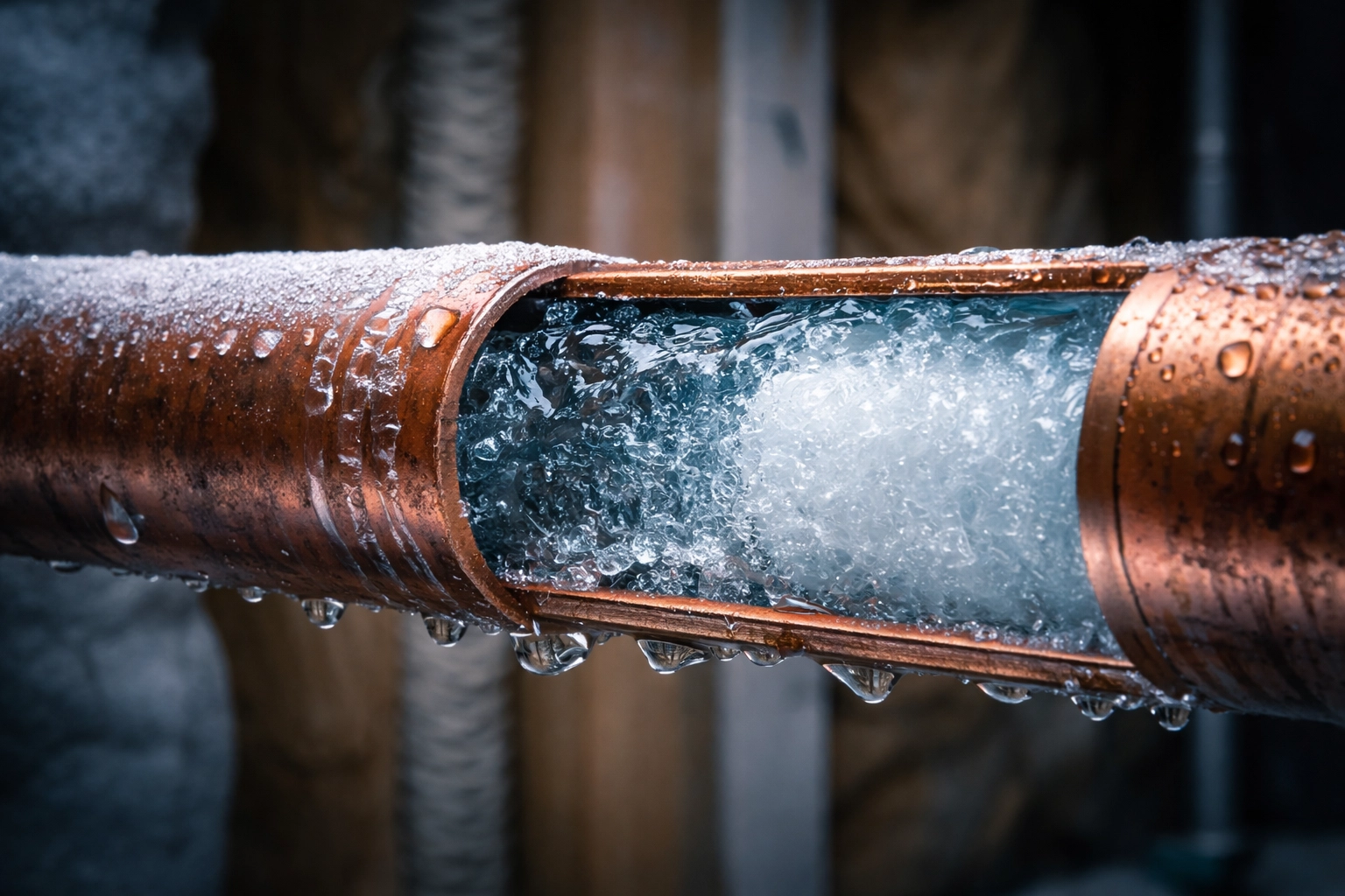 Cross-section view of frozen pipe with ice blockage and water pressure buildup in Louisiana home