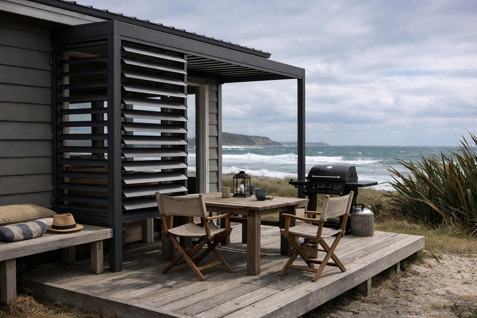 Mid-range DIY aluminium louvre kitset installed on a remote coastal bach deck with practical minimalist styling.
