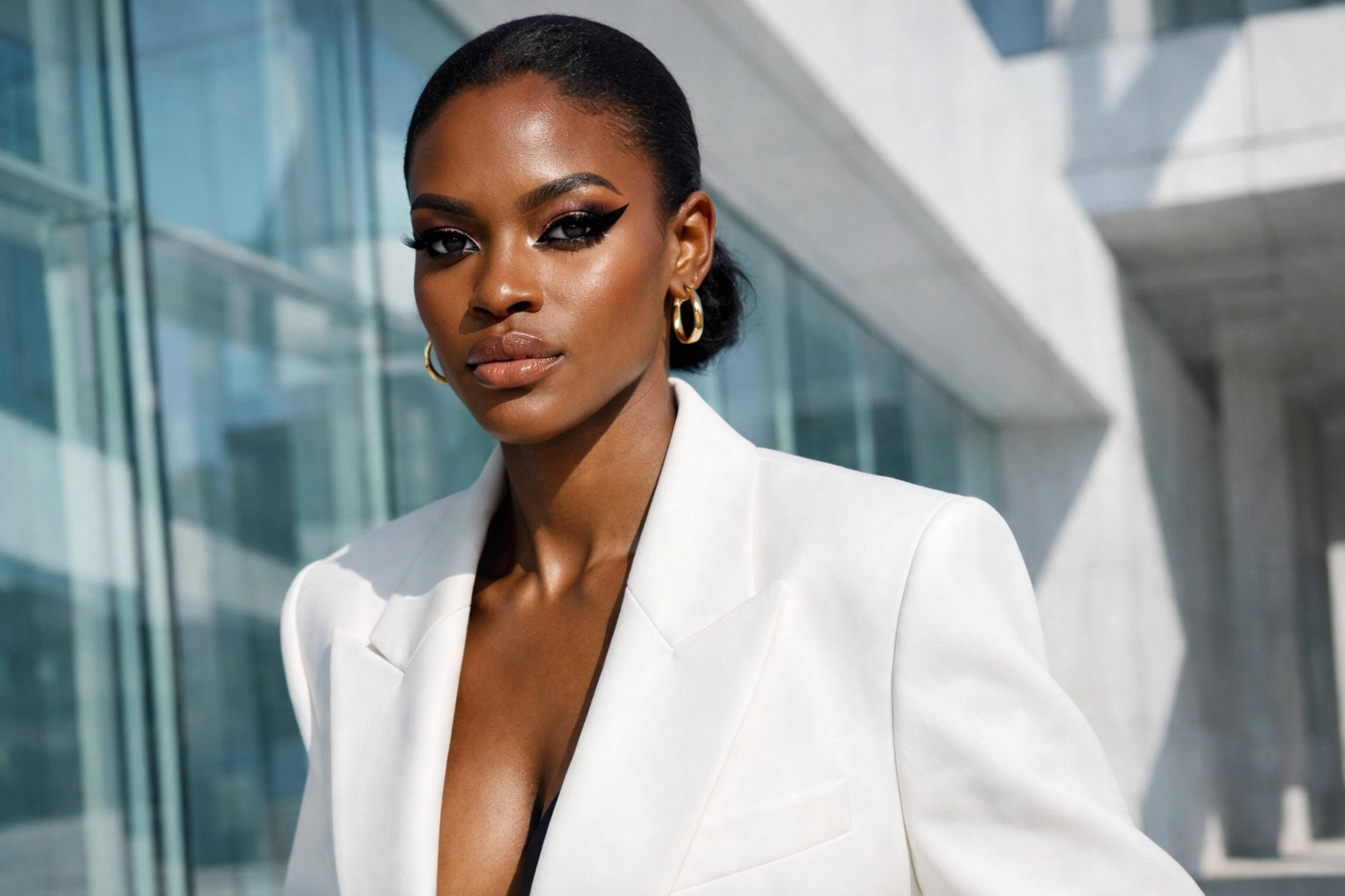 Confident leader in a white blazer showcasing professional, long-lasting eye makeup through a busy day.