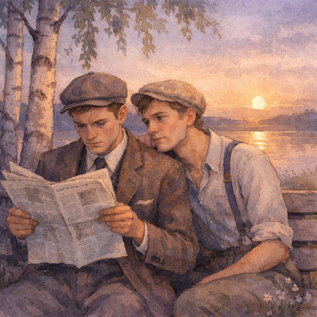 Gay men sharing secret moment on park bench in 1940s wartime Sweden