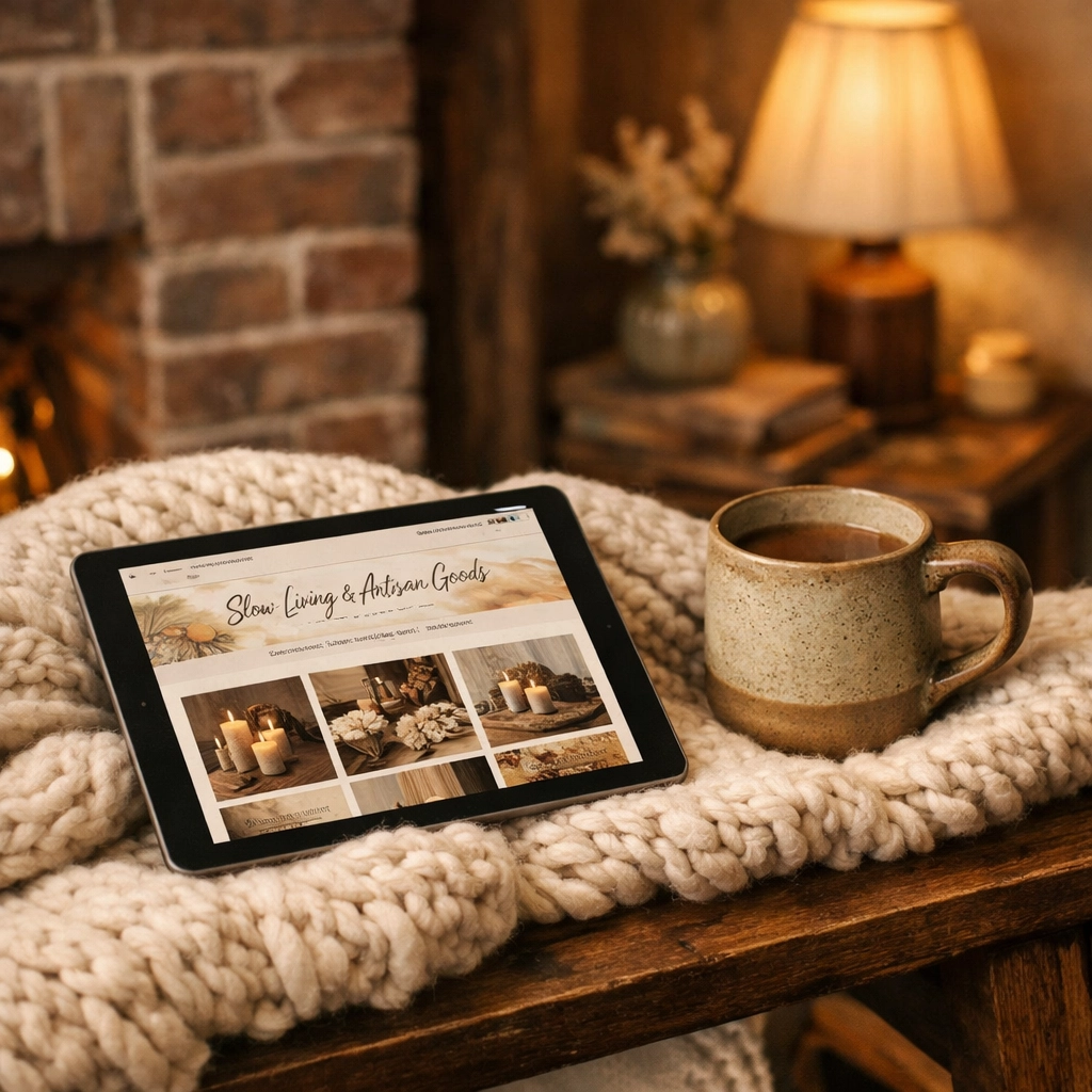 Shopping for unique gifts online from home with a handmade stoneware mug and a cozy knit blanket.