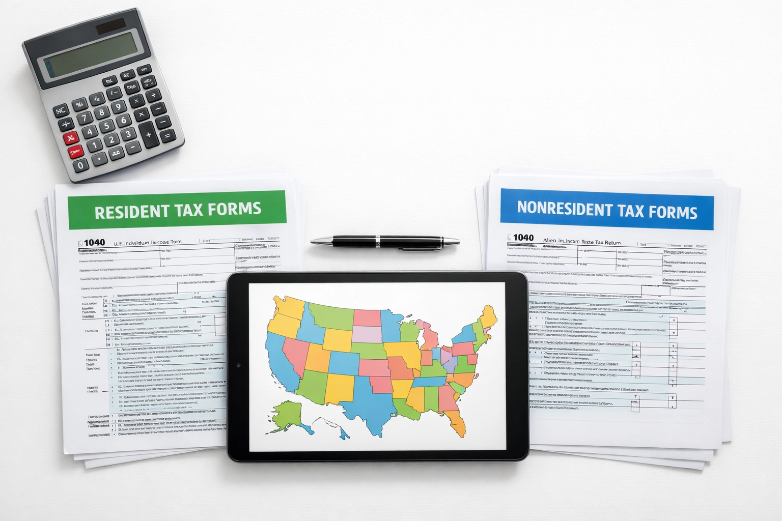Resident and nonresident state tax return forms with calculator and US state map