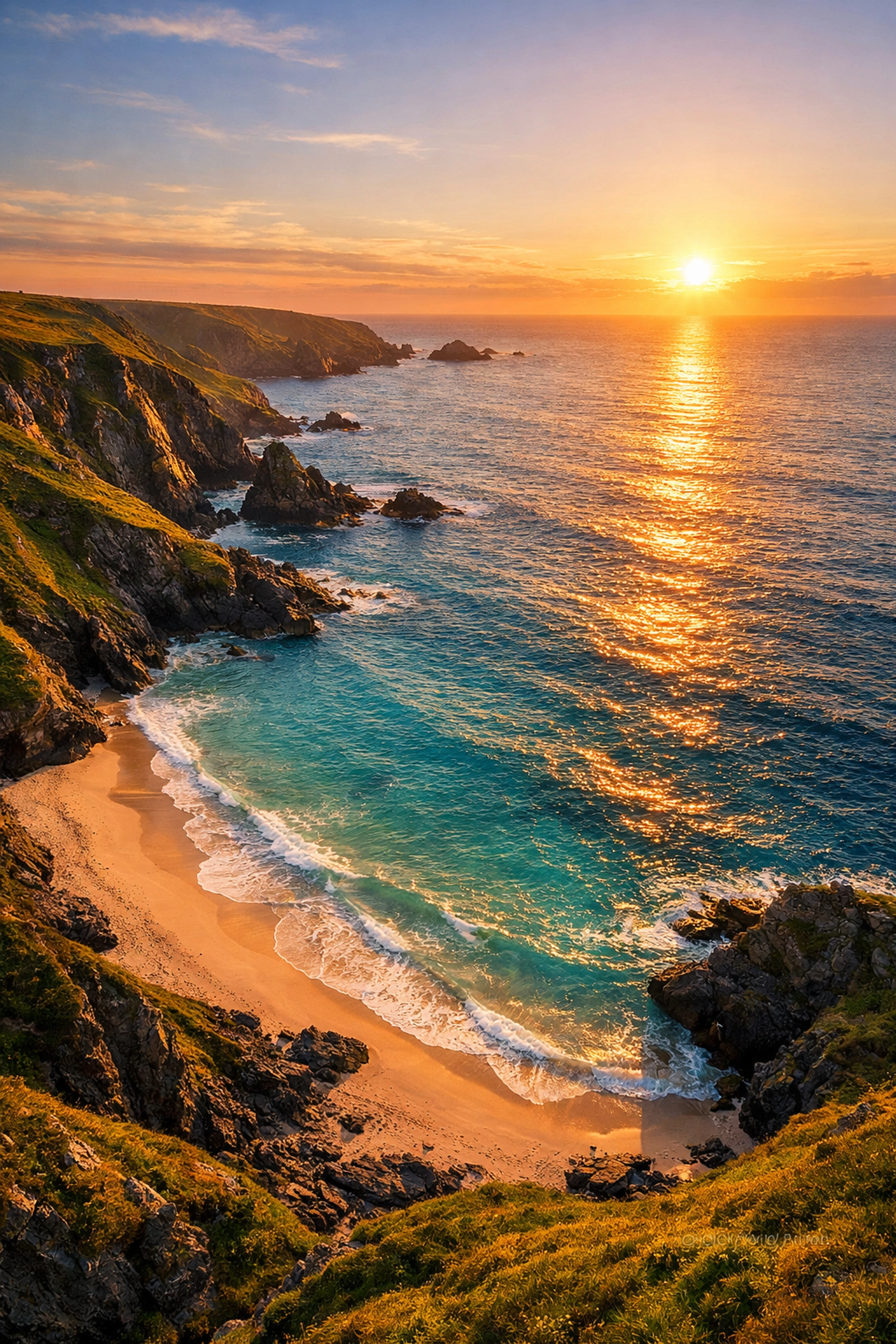 Serene Cornwall beach at sunset, an ideal coastal location for a drone ash scattering ceremony.