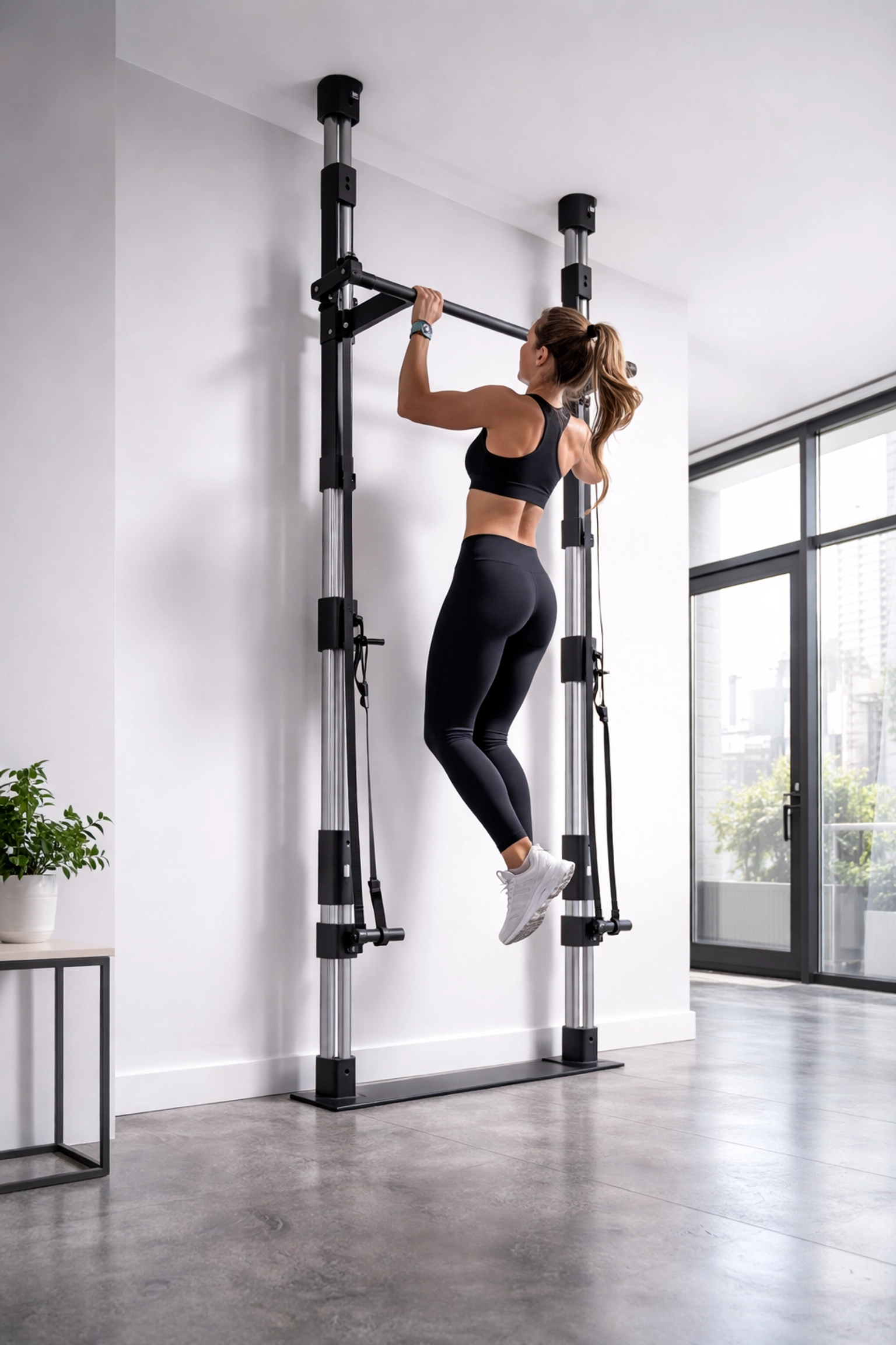 Woman performing pull-up on a floor-to-ceiling gym system as a no-damage alternative