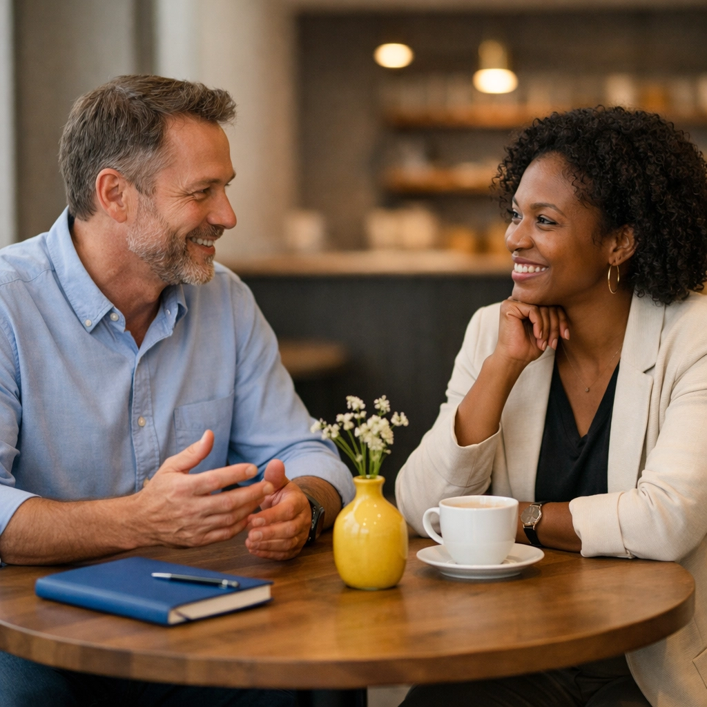 Development officer building relationships with a major donor prospect during a cafe meeting.